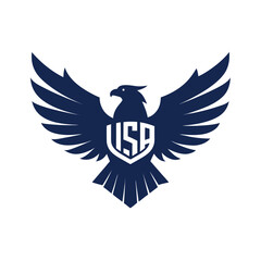 Emblem of a dark blue eagle with usa text logo and spread wings on white background