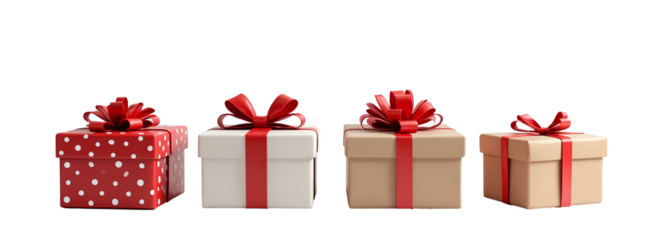 A row of three gift boxes with red ribbons and bows.