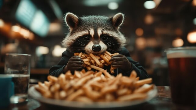 A playful raccoon indulging in a plate of fries at a rustic restaurant, bringing a whimsical touch to the dining experience and emphasizing the joy of food and nature.