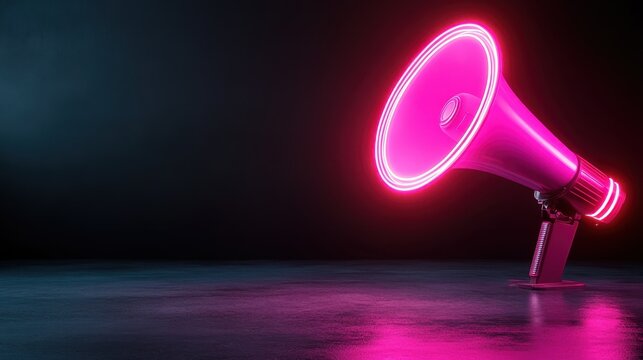 A striking neon megaphone glowing in a dark space, representing modern communication and expression, symbolizing loud voices in a visually captivating artistic light.