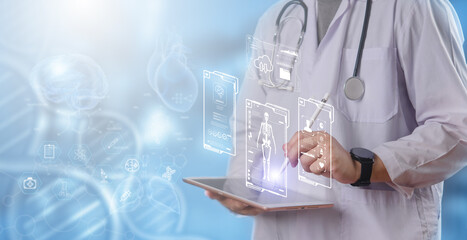Concept innovative healthcare technology, AI, and digital medical data diagnostics smart hospitals....