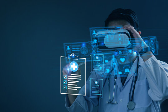 doctor wearing a virtual reality VR headset while interacting with futuristic medical data displays. Concept healthcare technology, AI, and digital transformation in smart hospitals. health records.