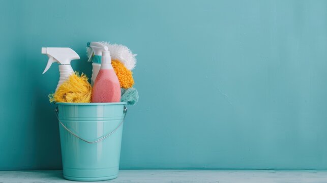 A bucket filled with colorful cleaning supplies including sponges and sprays, set against a turquoise background. This image emphasizes cleanliness and organization for your home.