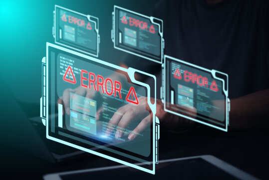 Concept of system error, cyber attack, or data breach digital technology. Cybersecurity issues, hacking, network problems with error messages and programming code. critical security vulnerability.