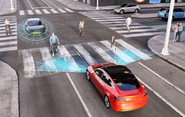 3D render of a smart vehicle approaching an intersection