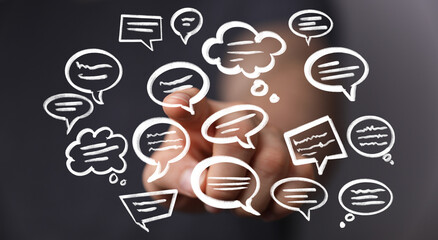 Abstract image of speech bubbles and a hand, symbolizing communication, ideas, and discussions.