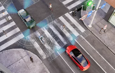 Canvas schilderij Voertuigen 3D render of a top-view Urban scene with autonomous vehicles and people  © karelnoppe