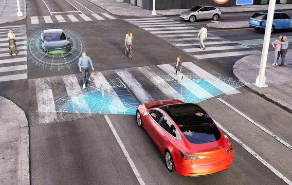 Fototapeta 3D render of a smart vehicle approaching an intersection