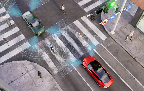 Fototapeta 3D render of a top-view Urban scene with autonomous vehicles and people