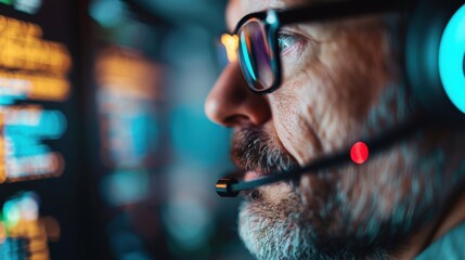 A middle-aged man with a beard and headset looks intently at multiple screens, reflecting the concentration and dedication typical in technical support and information technology fields.