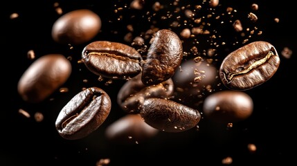 An artistic representation of flying coffee beans captured in high detail, highlighting the aromatic essence of freshly roasted coffee with an aesthetic and dynamic flair.