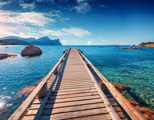 Obraz premium old wooden pier in port de girolata place where you can t get by car marvelous summer scene of corsica island france europe spectacular mediterranean seascape traveling concept background
