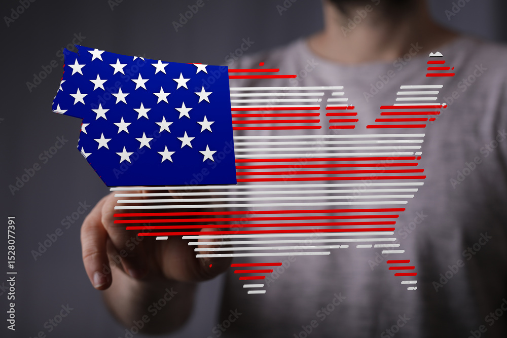 Poster person interacts with a digital map of the usa, designed with an american flag motif.