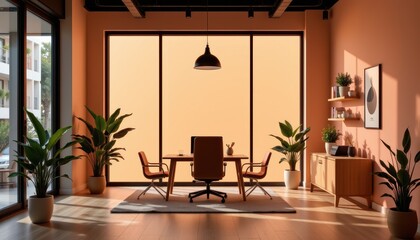Contemporary Office Workspace with Large Windows and Green Plants Illuminated by Sunlight