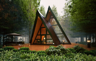 3D render of a wooden forest cabin in the woods