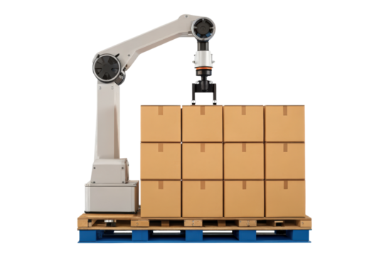Industrial robot lifting stacked cardboard boxes for efficiency isolated with transparent background