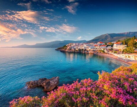 colorful view of paralia kakis thalassis village fantastic summer seascape of aegean sea marvelous morning scene of the greece europe beauty of nature concept background