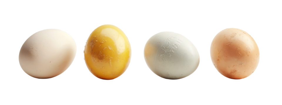 A row of three different colored eggs