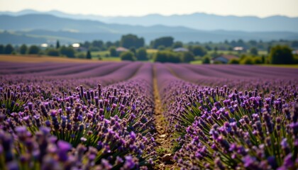 Expansive Lavender Field in Full Bloom Under Clear Blue Sky with Distant Mountains in Background