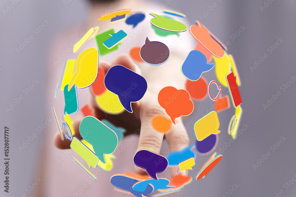 Poster Abstract image of colorful speech bubbles forming a global network, representing communication and connection.