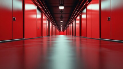 A striking red storage hallway featuring multiple doors, presenting a sense of confinement and curiosity, evoking feelings of exploration and mystery in a minimalist design.