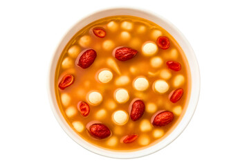 Sweet dessert soup filled with fruits and chewy balls isolated with transparent background