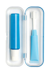 Travel toothbrush and toothpaste set in a portable case isolated with transparent background