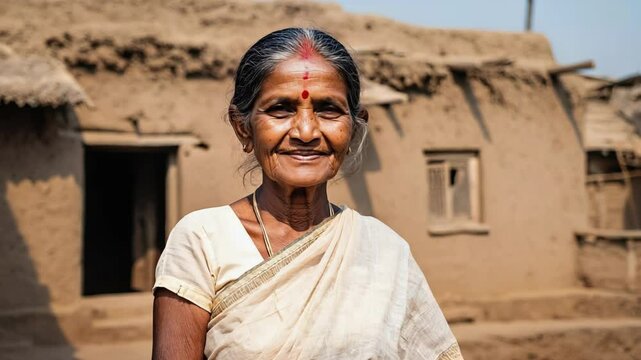 Elderly Indian woman wearing traditional clothing and a bindi smiles serenely in front of her mud and straw house, embodying the simplicity and resilience of village life