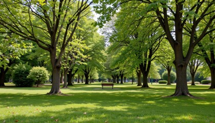 Fototapeta premium Lush Green Park Landscape with Sunlit Trees and a Wooden Bench Under a Clear Blue Sky