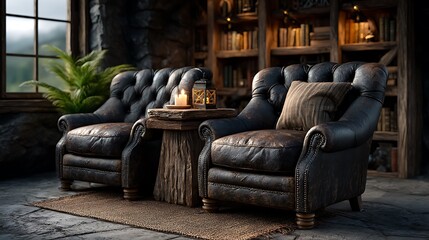 Obraz premium A vintage library corner with tufted leather chairs, brass lamps, and tall wood bookshelves stacked to the ceiling.
