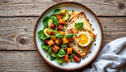 Colorful Breakfast Plate featuring Fried Egg, Fresh Salad and Vegetables on Wooden Table