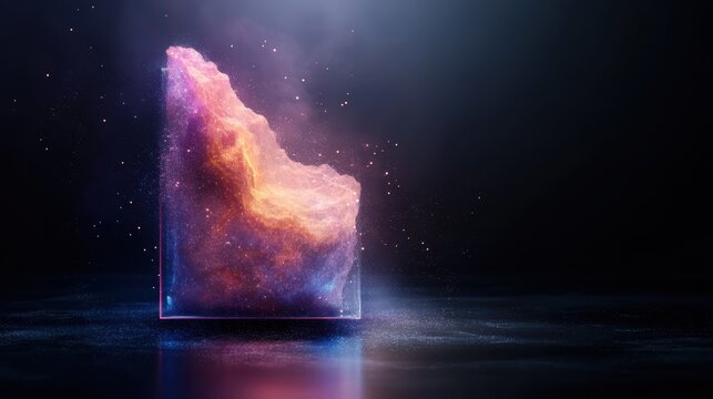 An ethereal image showcasing a vivid cosmic explosion captured in a glass block, representing the beauty and mystery of the universe, filled with vibrant colors and luminous essence.