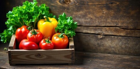 Full crate of diverse fresh vegetables; rustic wooden texture , spring, autumn