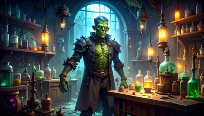 Alchemist in gothic laboratory.