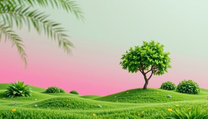 Naklejka premium Vibrant Green Hills with a Lush Tree Under a Pastel Sky at Dusk