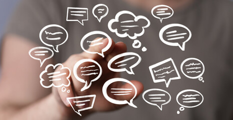 Abstract image of hand and speech bubbles,communication, ideas, feedback, conversation.