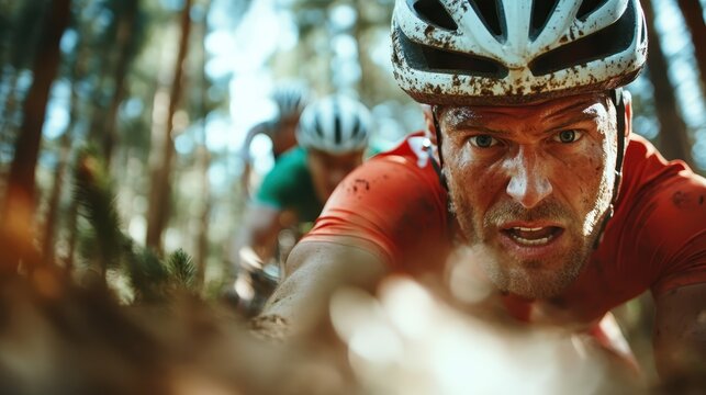 An intense moment in a mountain bike race shows a cyclist focused on the rugged terrain, highlighting the thrill and adventure of outdoor sports and nature's challenges.
