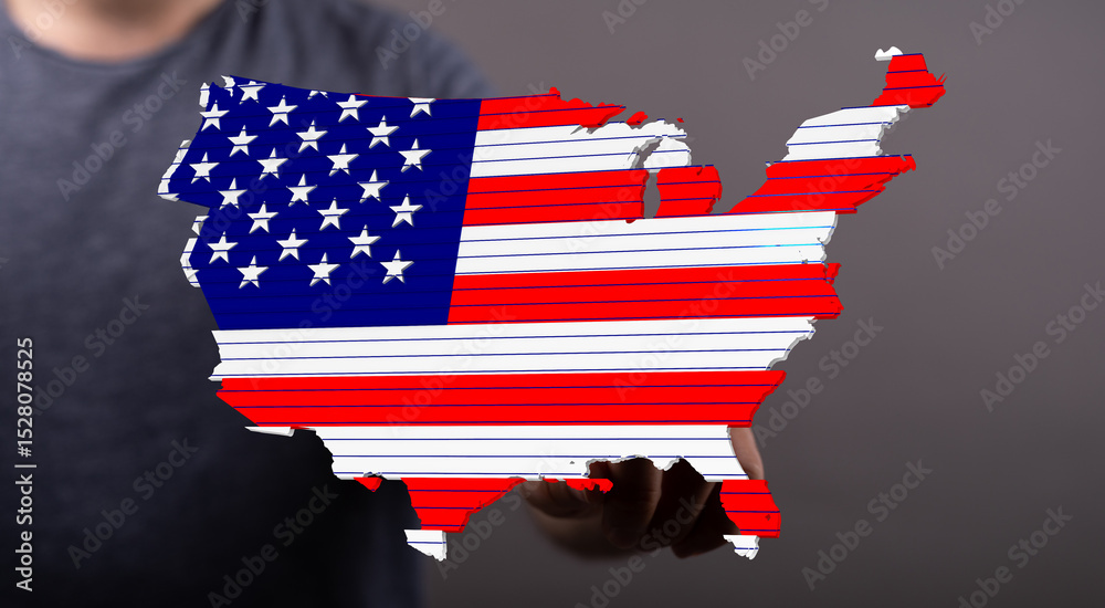 Poster digital image of a person holding a us map designed as an american flag. perfect for patriotic theme