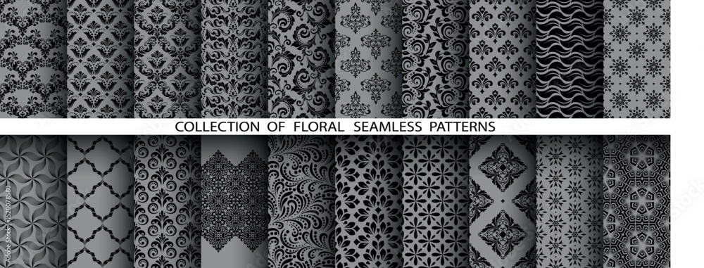 Poster geometric floral set of seamless patterns. gray and black vector backgrounds. damask graphic ornamen