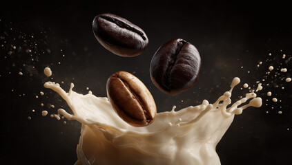 Three coffee beans splash into creamy milk, creating dynamic and energetic scene. dark background enhances contrast