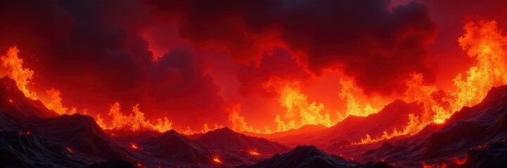 Raging inferno, deep crimson and scarlet flames, intense heat , digital, abstract