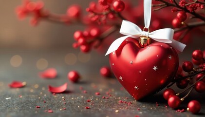 Minimalist red heart Christmas ornament with white ribbon , rustic, hanging, photography
