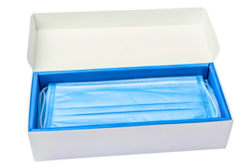 Box of disposable face masks for health and safety protection isolated with transparent background