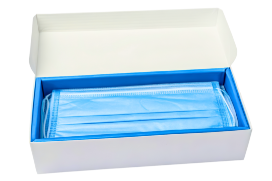 Box of disposable face masks for health and safety protection isolated with transparent background