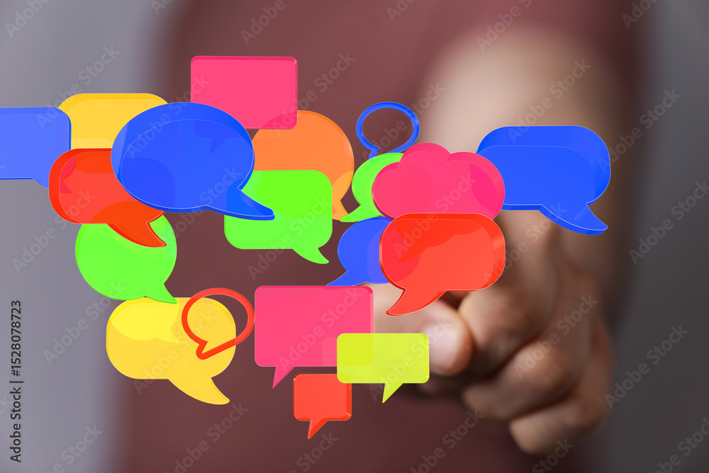 Poster abstract image of colorful speech bubbles, symbolizing communication and social media.