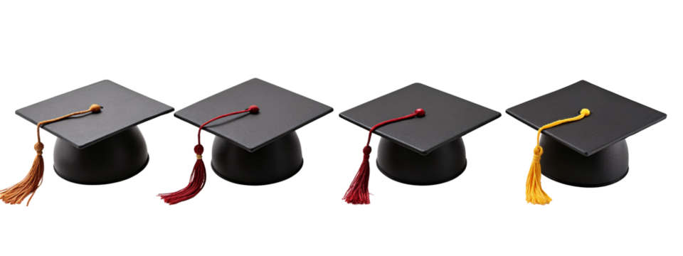 A set of four black graduation hats with tassels on them.
