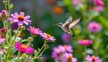 Hummingbird Hovering Over Colorful Flowers in a Vibrant Garden During Springtime