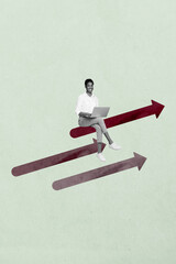 Vertical 3d art pop image collage of happy businesswoman businessman climb carrer ladder arrow...