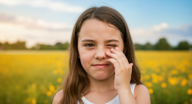 Young woman covering eye with hand in sunflower field showing emotional distress. Mental health awareness and therapy services. Eye irritation treatment