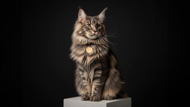 Studio portrait of a long-haired brown tabby Maine Coon cat sitting on a gray pedestal with a golden tag against a dark background - Powered by Adobe